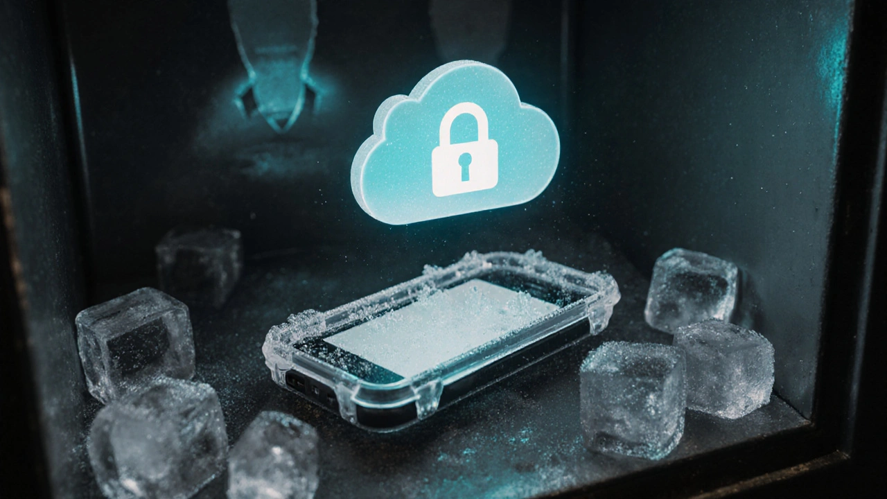 A burner phone stored in a freezer inside a waterproof case, symbolizing secure evidence storage.