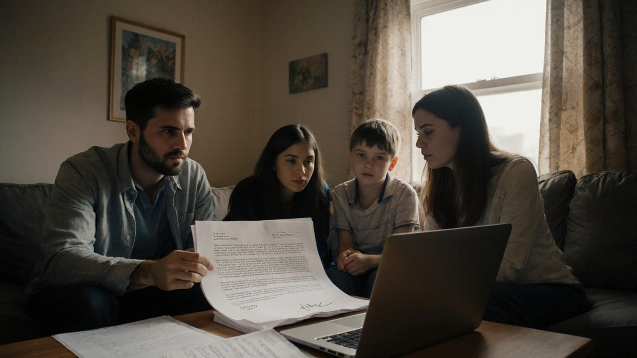 A family reviewing an insurance denial letter with medical documents on a kitchen table.