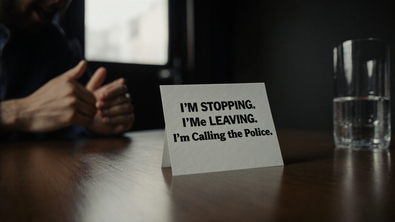 A laminated safety card with three phrases lies on a table as a client recoils slightly.
