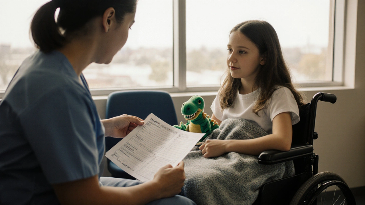 A medical escort sits with a girl in a wheelchair in a clinic waiting room, holding a summary sheet and a stuffed dinosaur.