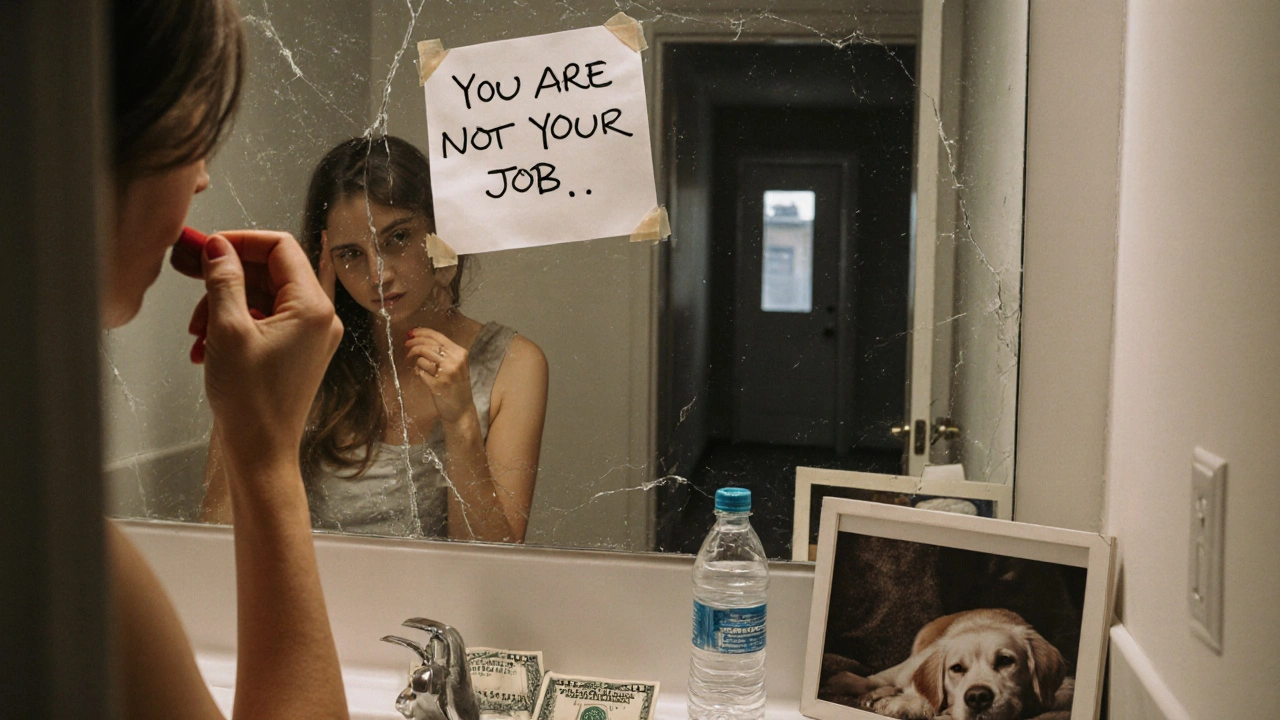 A mirror with the note &#039;You are not your job&#039; beside saved money, water, and a photo of a dog.