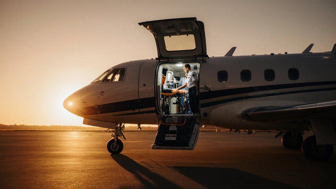 A private air ambulance jet on a tarmac with medical staff monitoring a patient inside.