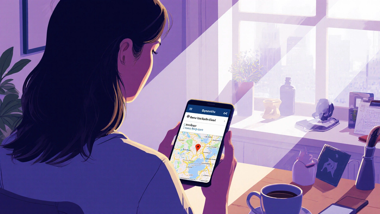 A sex worker in New Zealand using a safety app on her phone in a quiet, well-lit apartment.