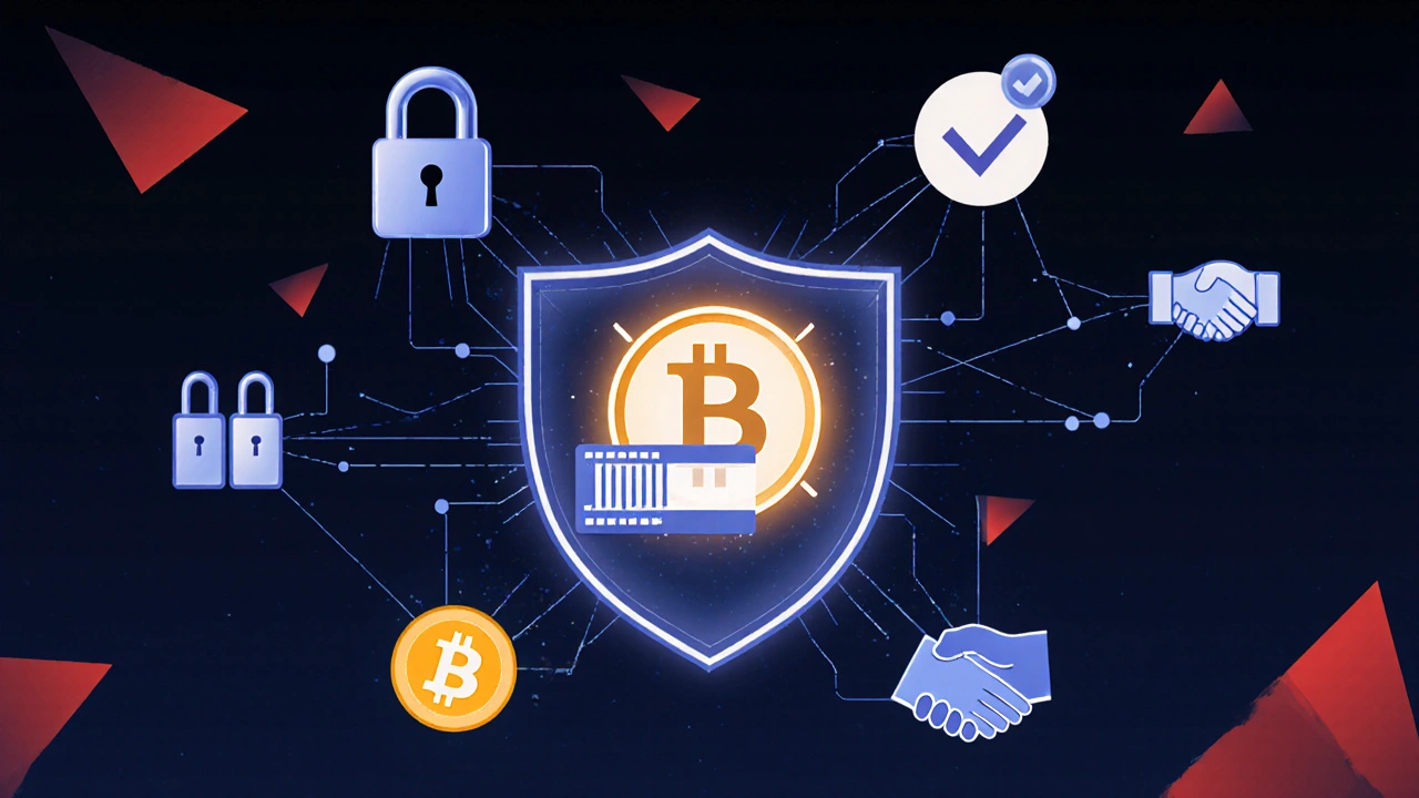 A shield composed of financial safety icons protecting a wallet, symbolizing fraud prevention.