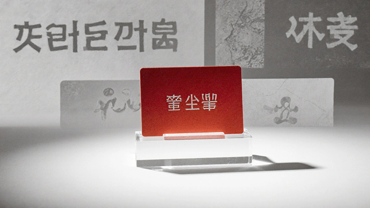 A single red escort card with faint ancestral name overlays dissolving into the background.