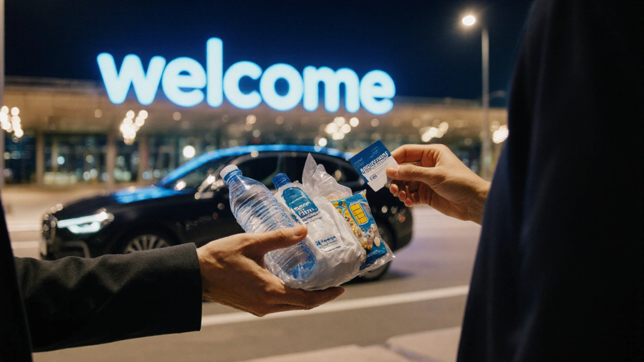 A welcome kit is handed to a traveler beside a branded car at the airport curb.