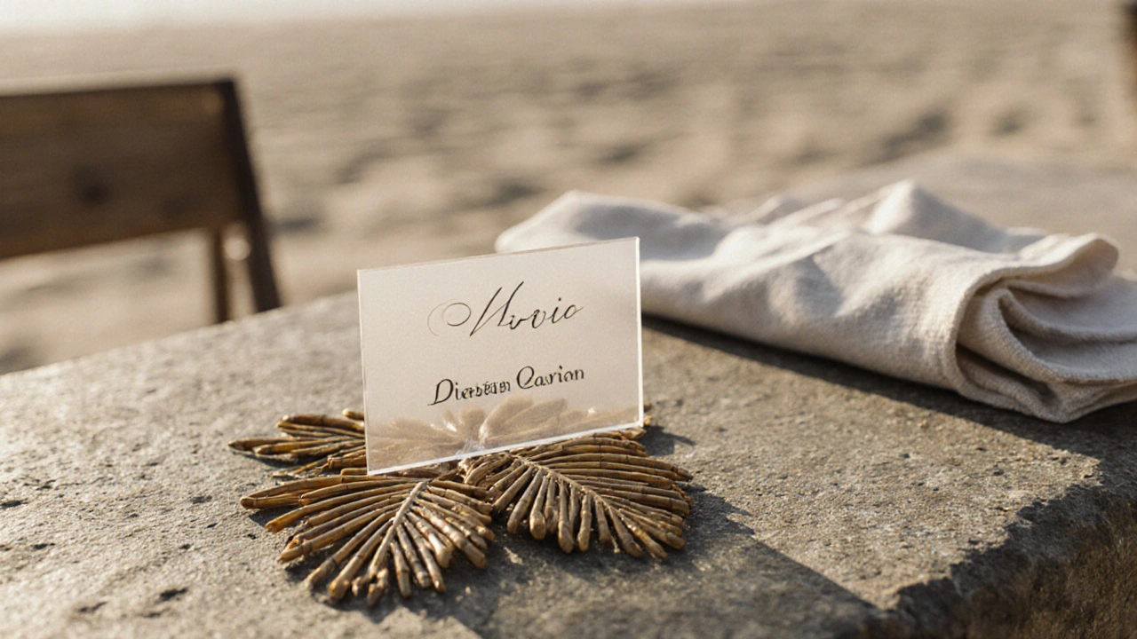 Acrylic escort cards in bamboo palm-leaf holders at a beach wedding, glowing in soft afternoon light.
