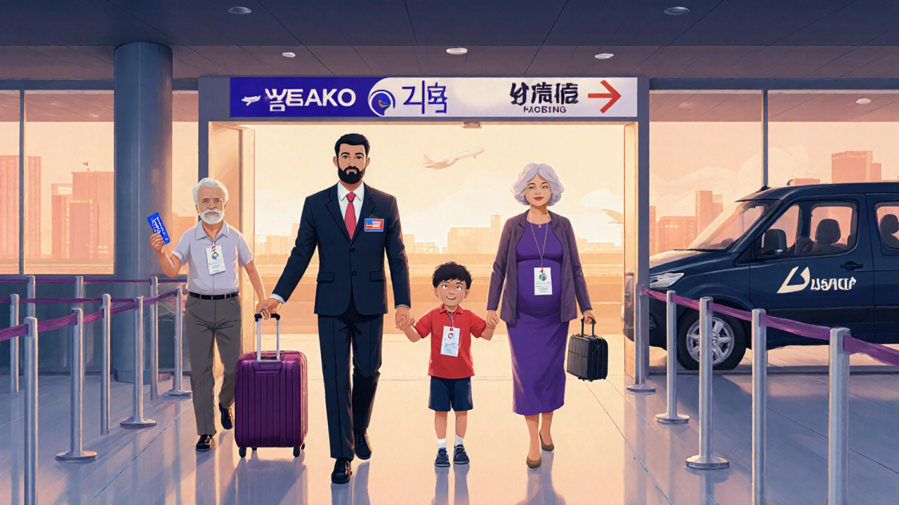 An escort guides a family with children and elderly members through an airport.