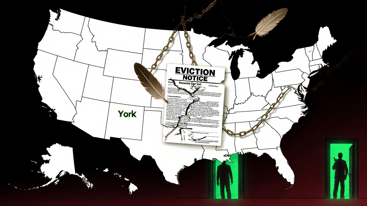 An eviction notice breaking apart into feathers above a map showing protected U.S. cities.