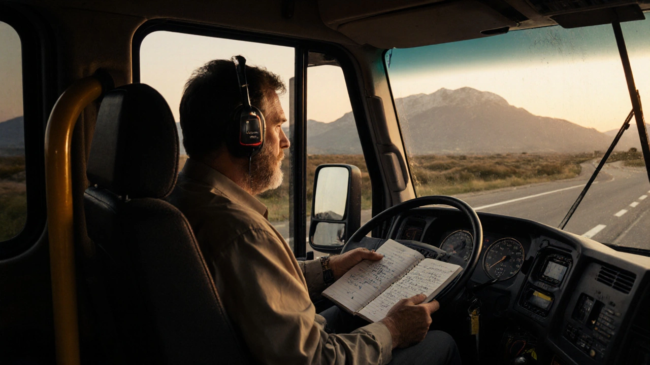 Bus driver in Greece holding satellite communicator and route notes at sunset.