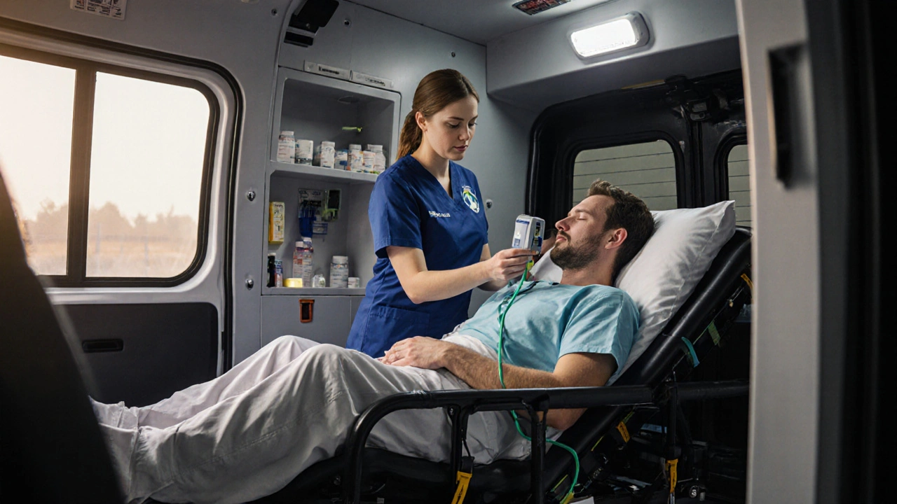 Certified medical assistant monitoring patient&#039;s vitals in equipped transport van