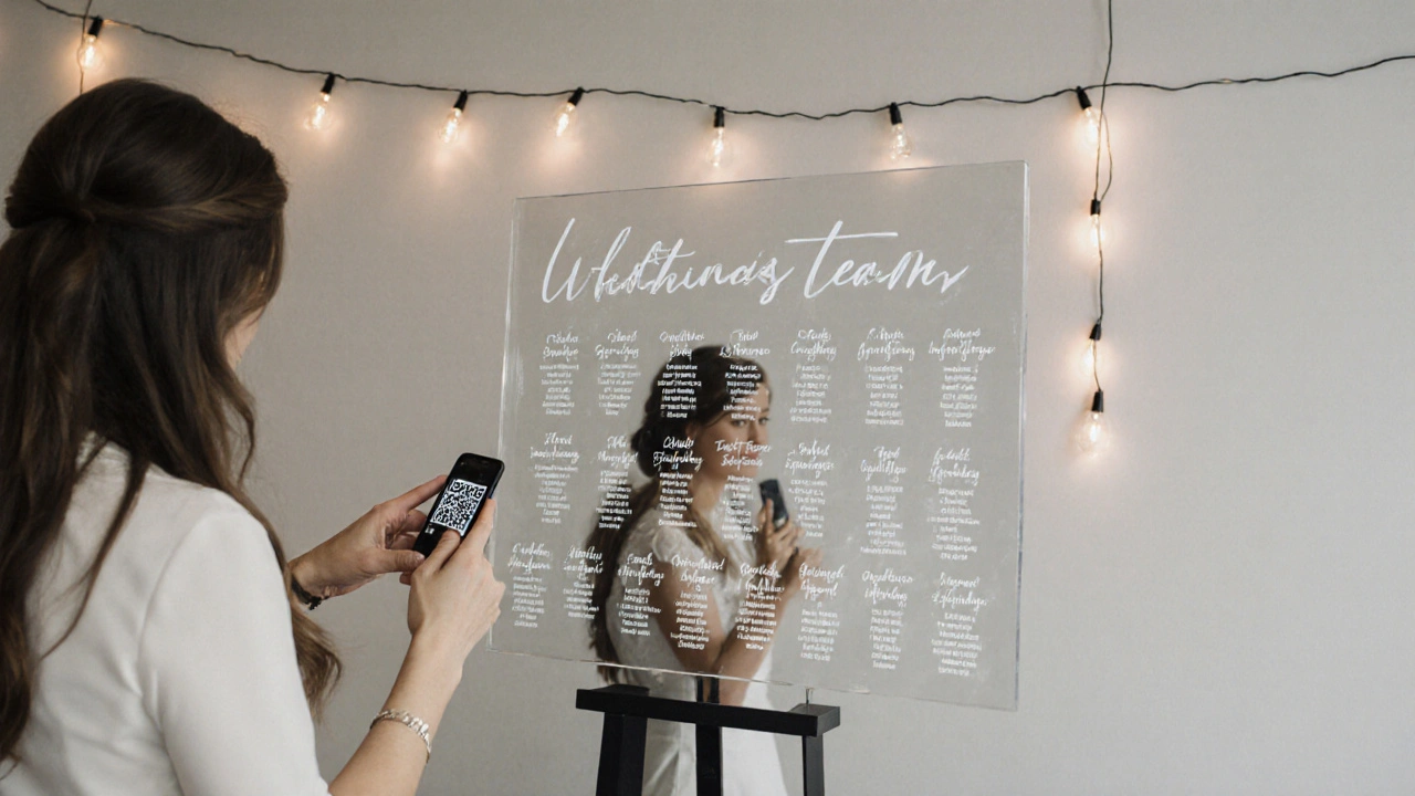 Clear acrylic sign displaying guest seating names, with a guest scanning a QR code on their phone.