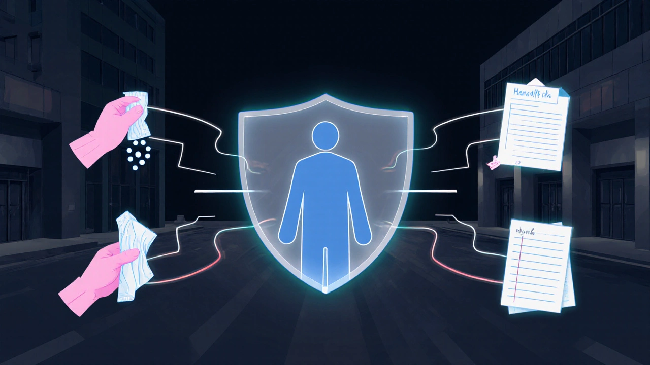 Conceptual chain of protective actions—glove disposal, disinfecting surfaces, HEPA filtration—forming a shield around a patient.