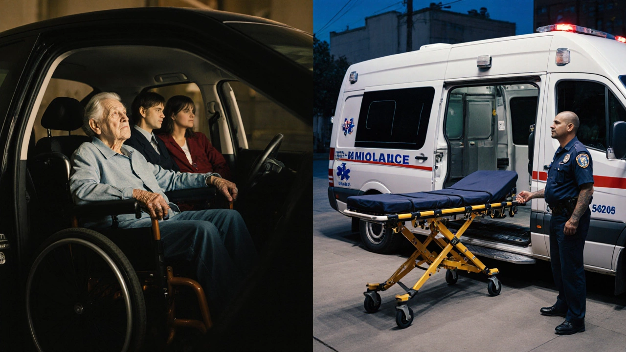 Contrasting images of family transport versus professional medical transport vehicle.