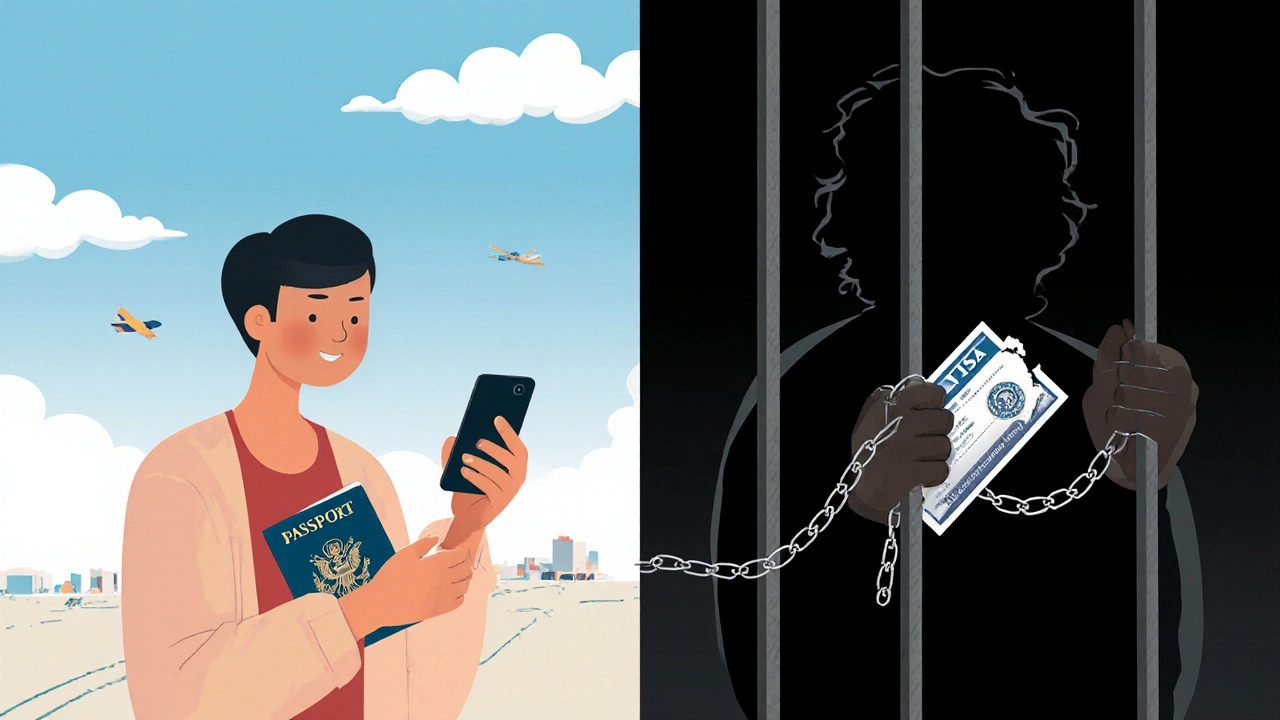 Contrasting images of freedom versus control: one person with passport and phone, another trapped in shadows.