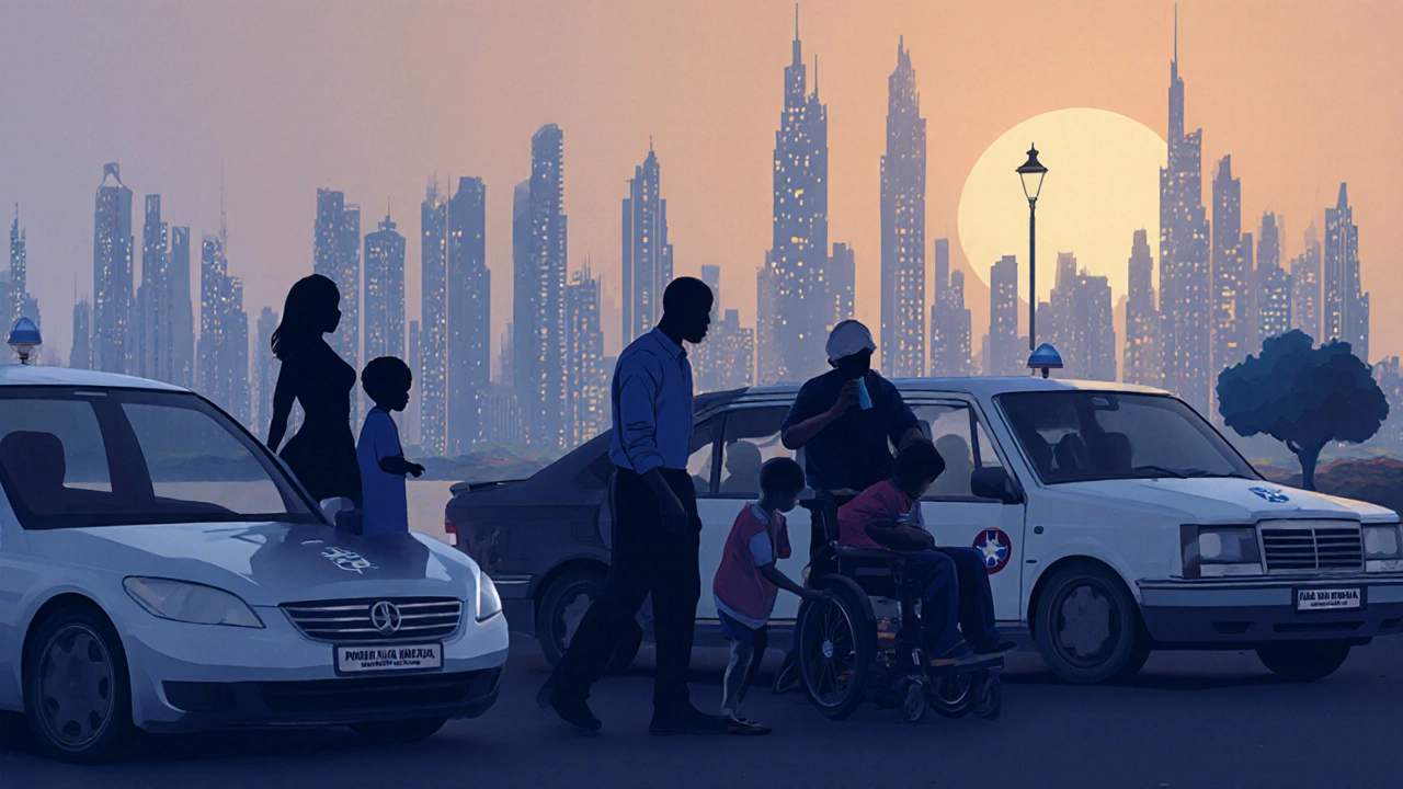 Diverse families being picked up by medical escort vehicles at dawn in a city with a glowing skyline.
