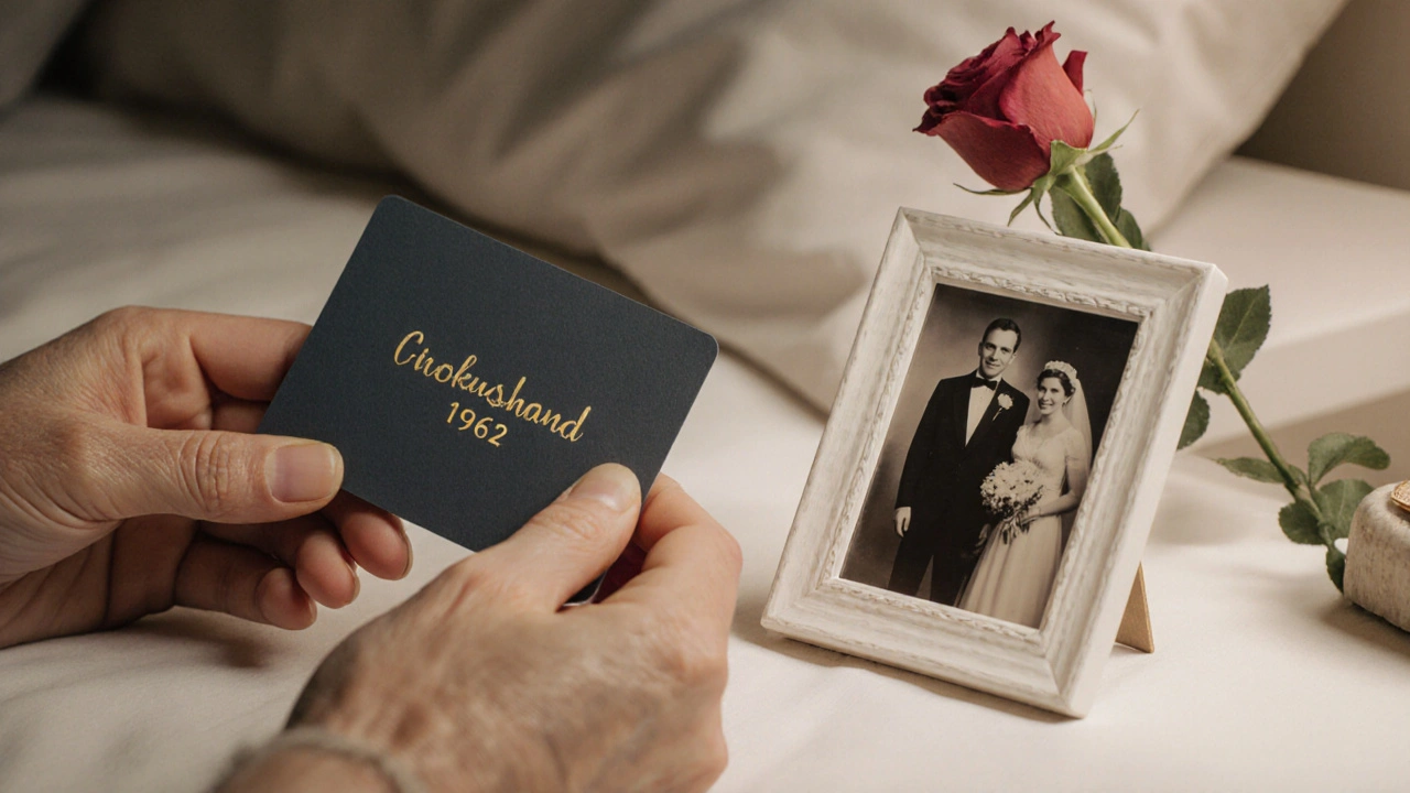 Elderly woman holding modern wedding photo card next to her 1962 wedding photo on nightstand.
