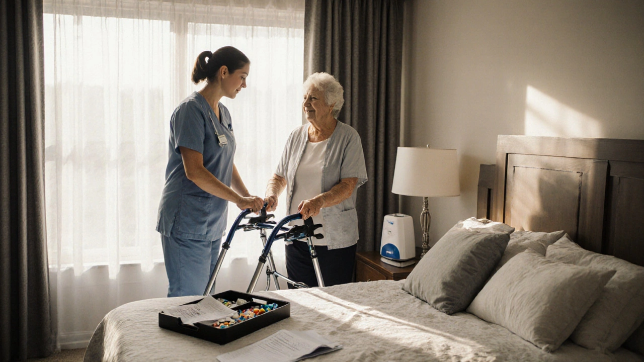 Escort demonstrating walker use to family in home with medical equipment set up