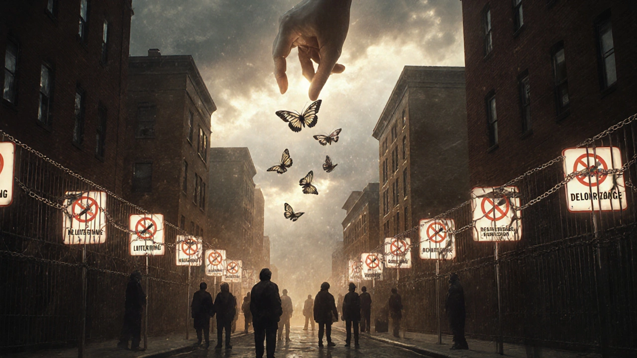 Glowing &#039;No Loitering&#039; signs form chains around shadowy figures, while butterflies labeled with social services rise above.