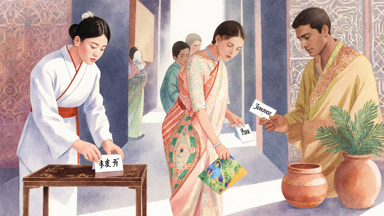 Guests receiving culturally diverse escort cards in a reception hallway with traditional designs.