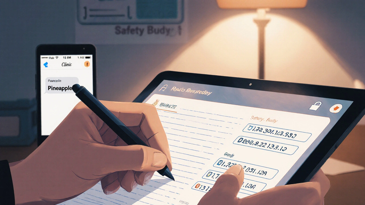 Hand writing safety documentation on a tablet with encrypted app interface visible.
