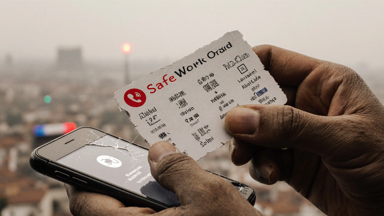 Hands holding a multilingual safety card with a voice message app visible on a phone screen.