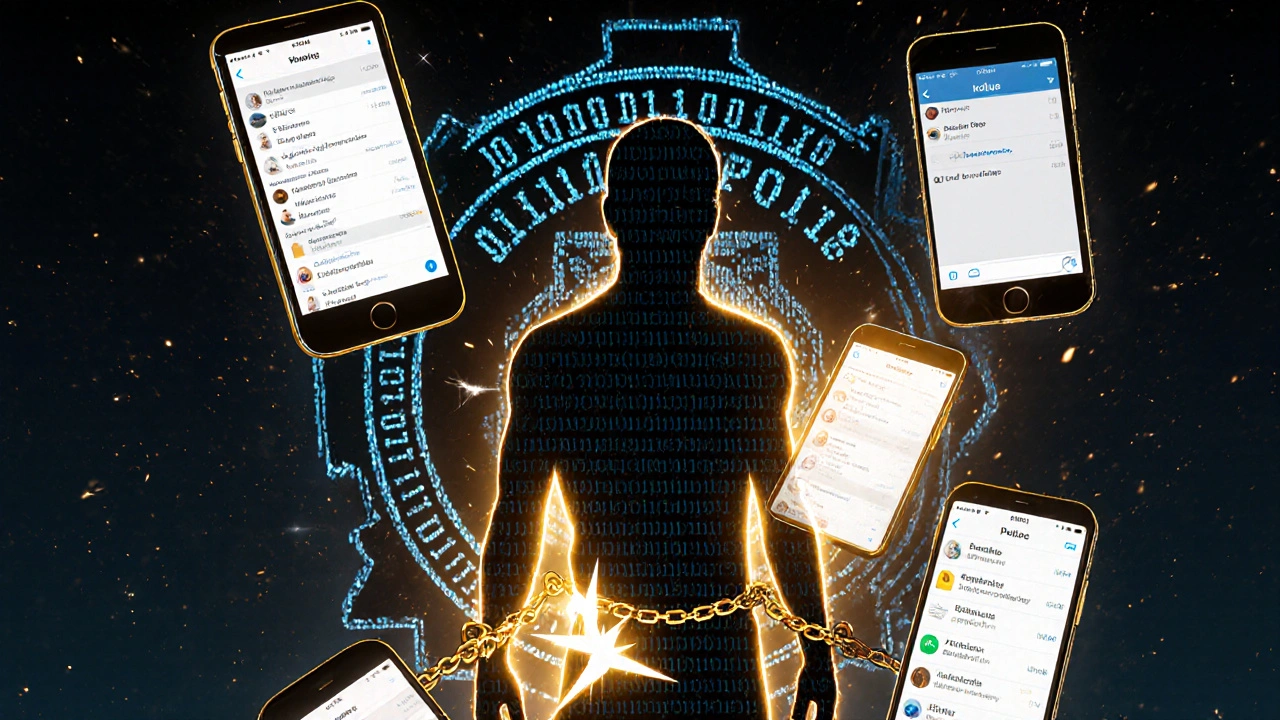 Human silhouette composed of phone screens connected to a binary code police badge.