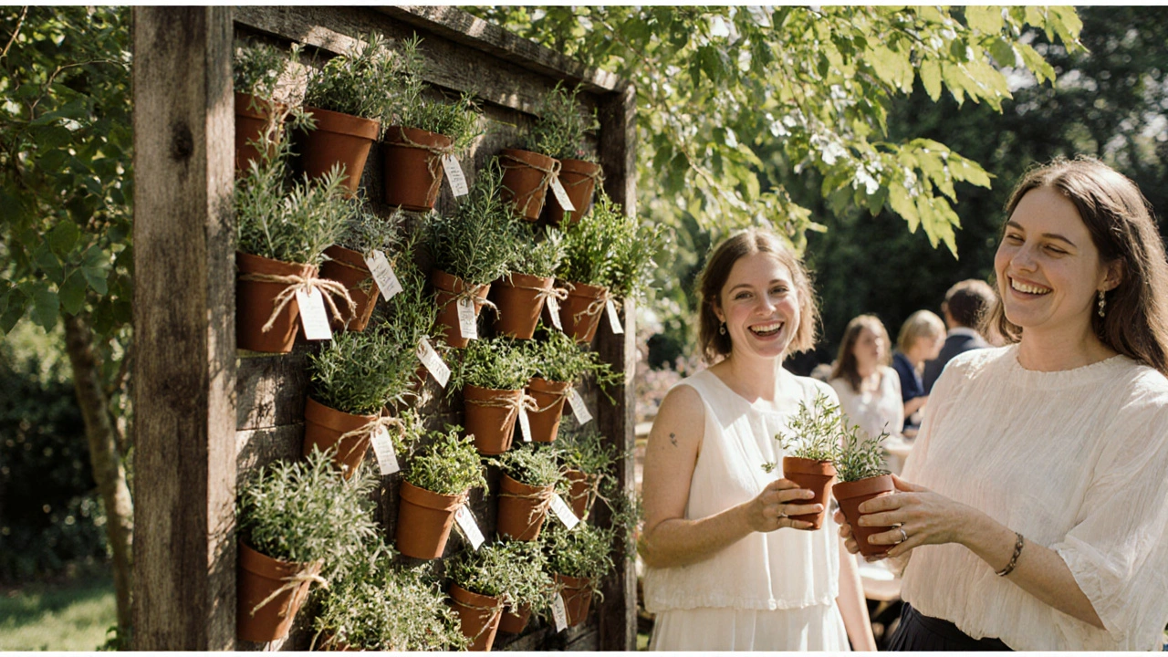 Living wall of potted herbs with biodegradable name tags, guests taking herbs as wedding favors.
