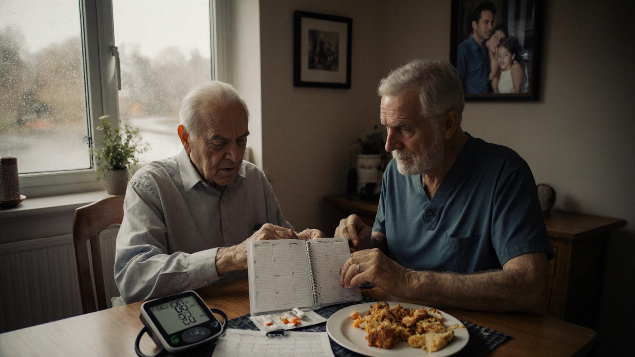 Medical escort assists elderly man in sorting medications at kitchen table with blood pressure monitor nearby.