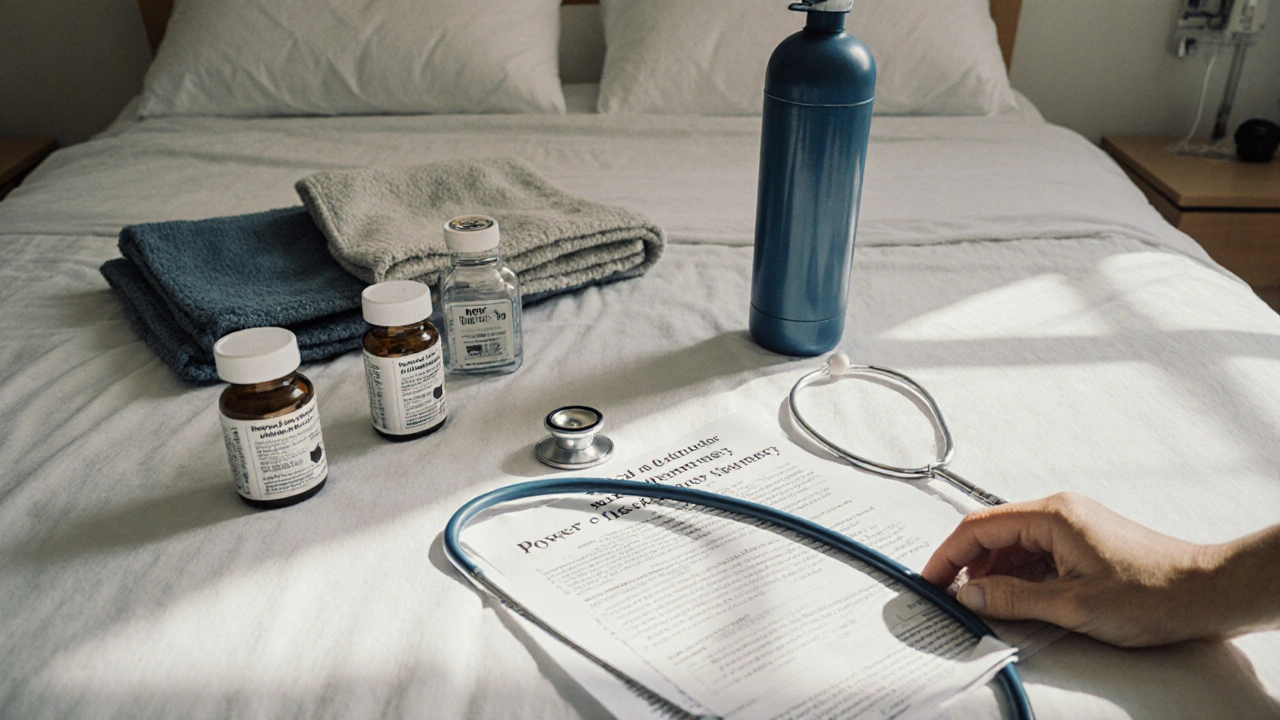 Medical travel kit with medications, documents, and equipment on a hospital bed.