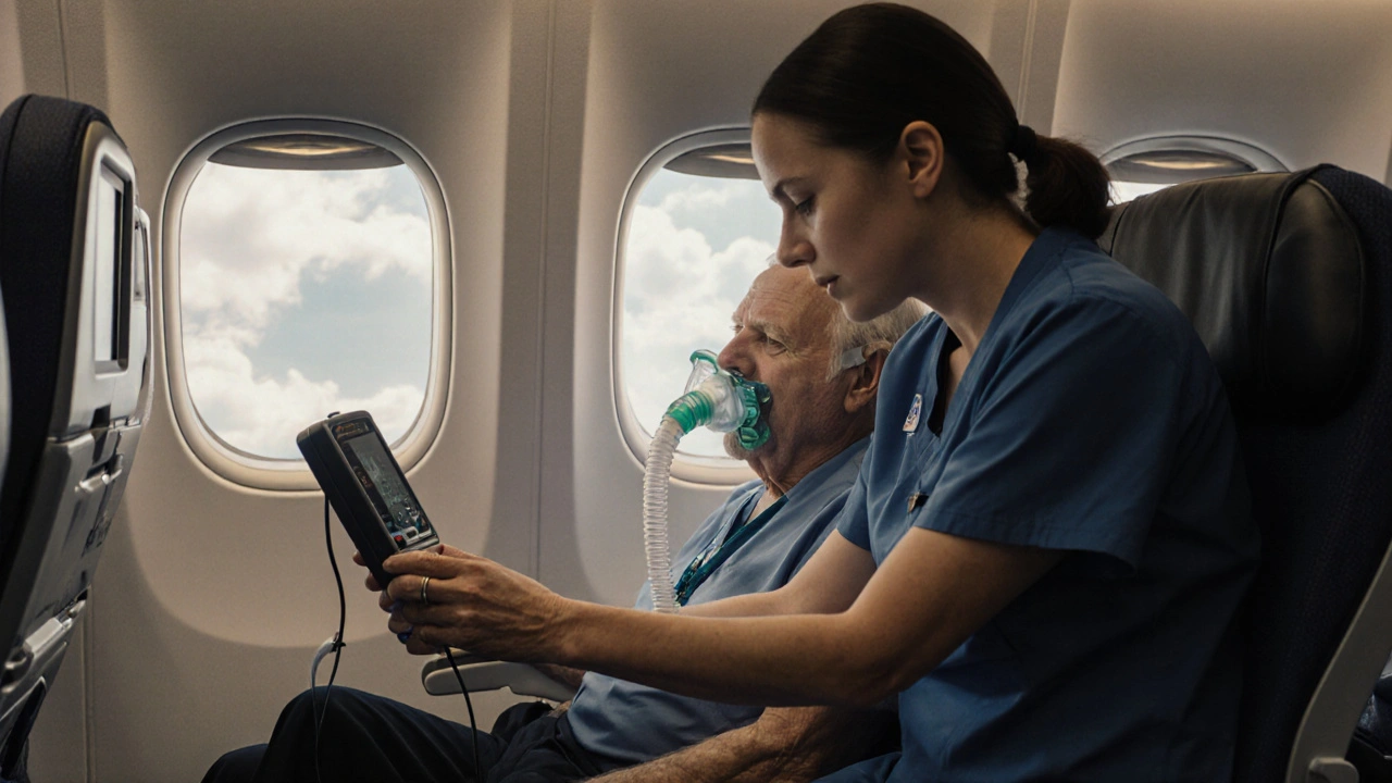 Nurse adjusting oxygen mask for elderly patient during a flight, monitoring medical device.