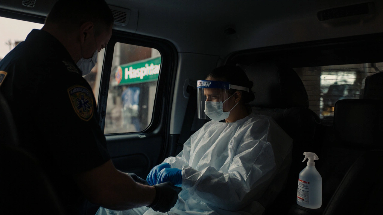 Paramedic carefully removing PPE with a buddy watching, following strict decontamination protocol in a transport van.