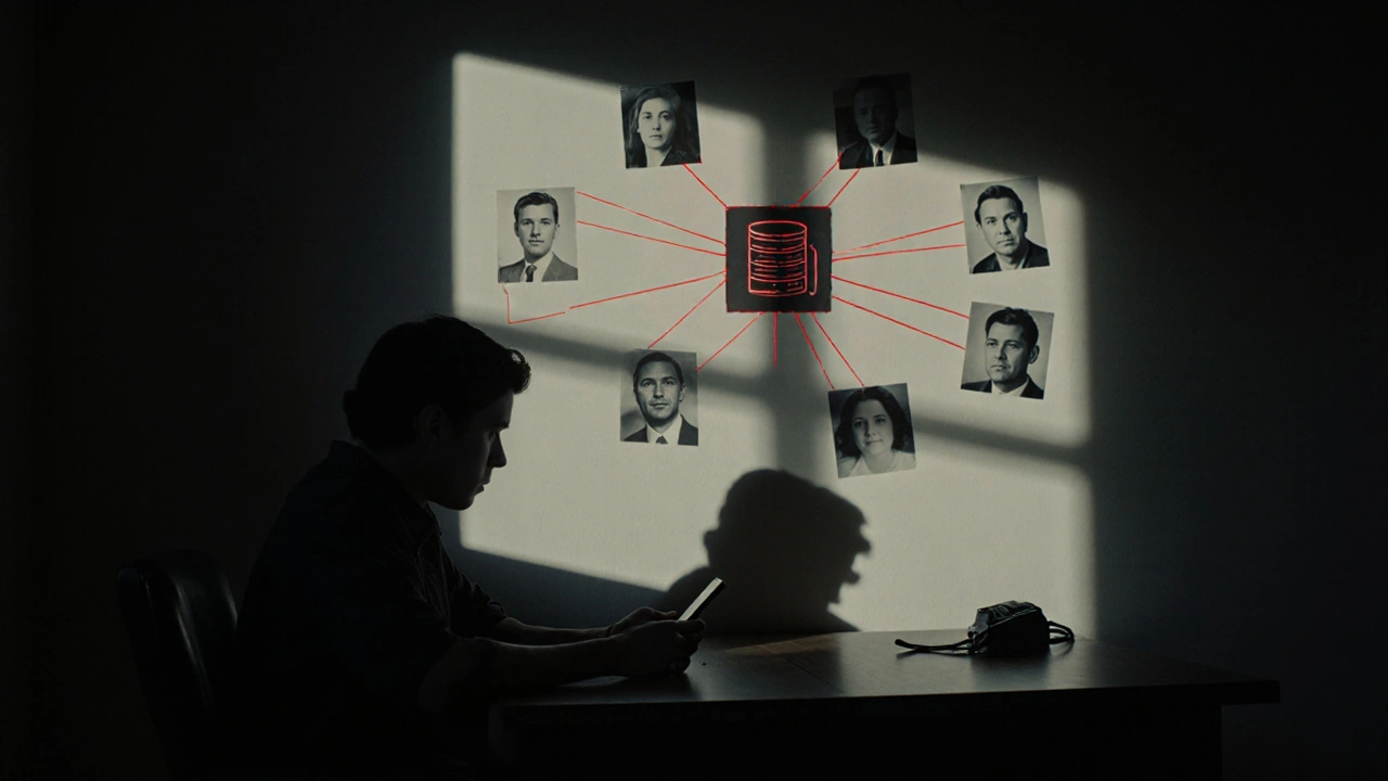 Person staring at an empty phone charger with shadowy faces projected on the wall.