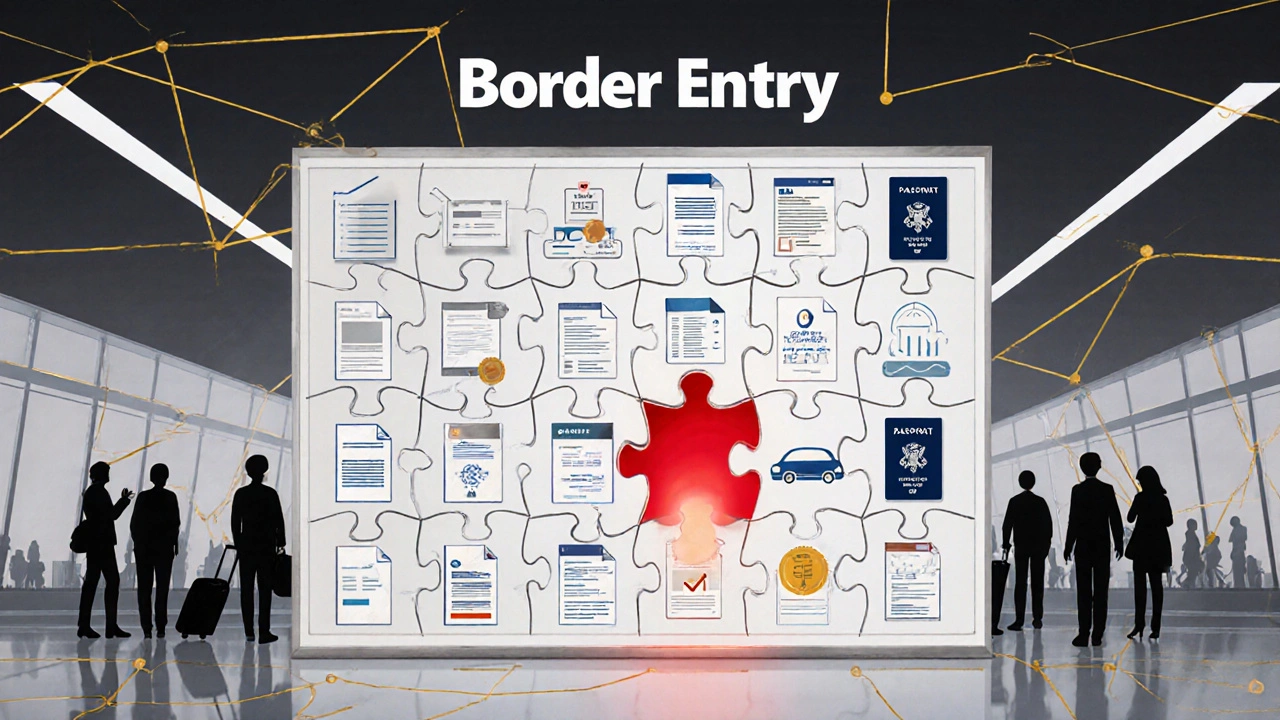 Puzzle of travel documents fitting together to form a border entry approval, one piece missing.