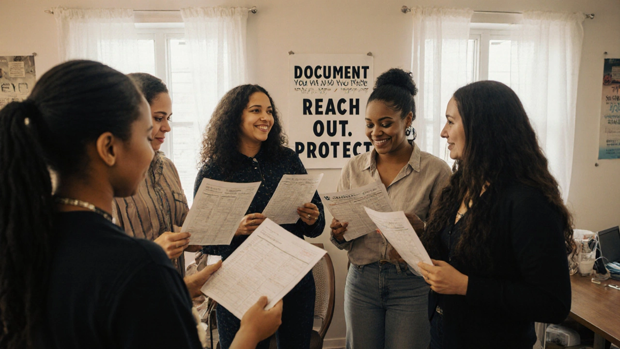 Sex workers and volunteers sharing safety resources in a community center.
