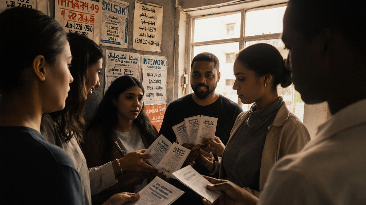 Sex workers exchanging multilingual safety cards at a community clinic, sharing resources among peers.