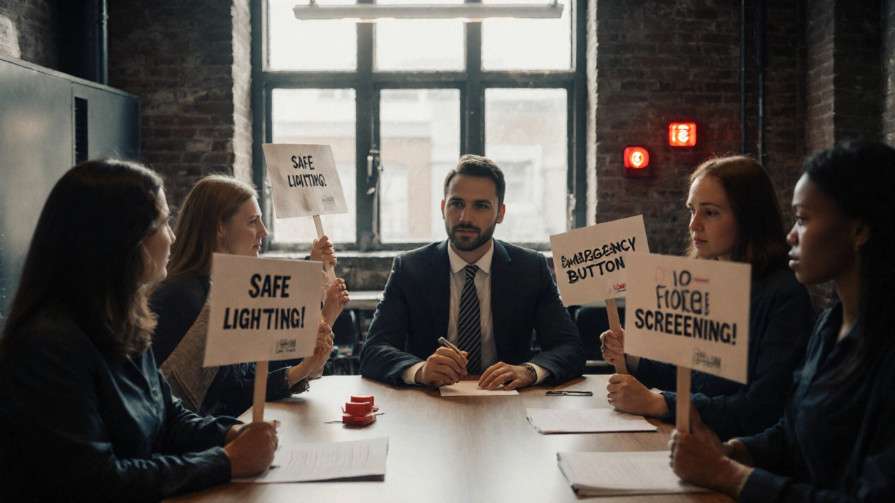 Sex workers in Amsterdam meeting with a union rep, discussing workplace safety measures like emergency buttons.
