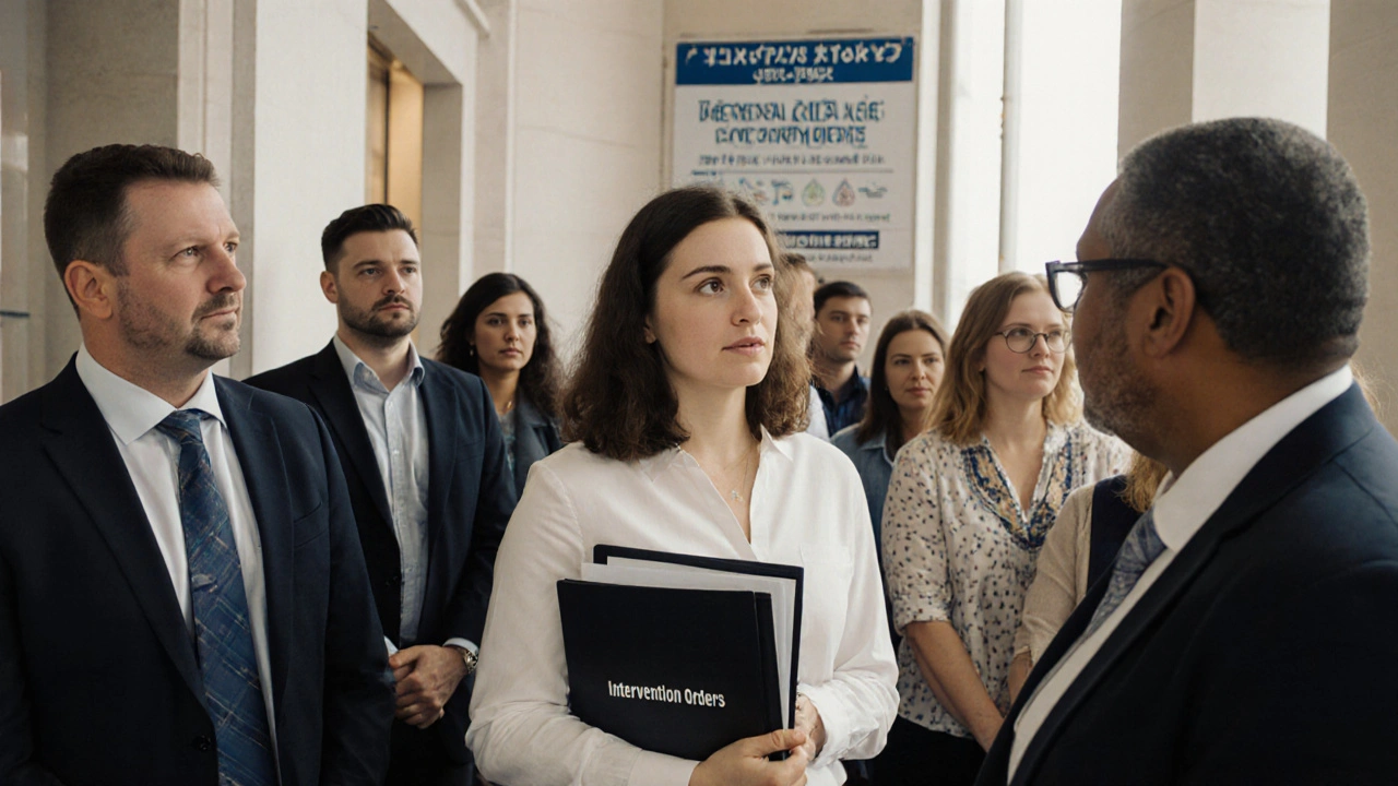Sex workers receiving free legal support from a volunteer in a courthouse hallway.