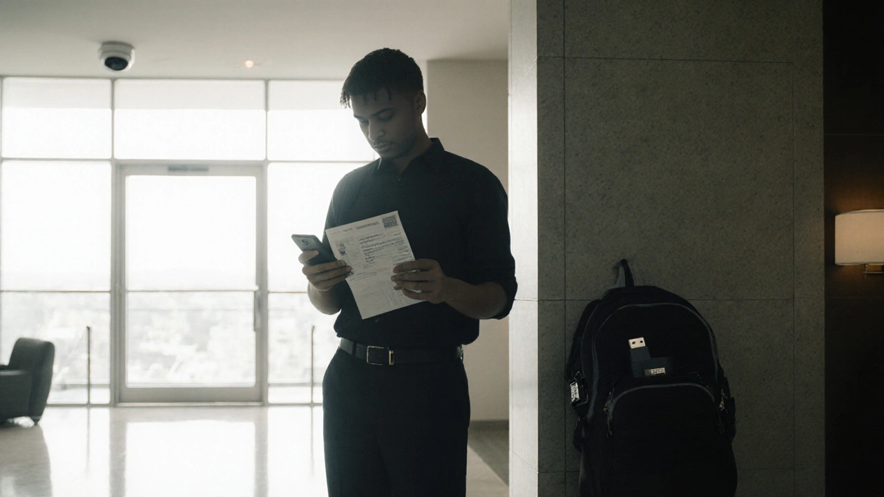 Someone verifying a client&#039;s ID and payment in a hotel lobby with security cameras visible.