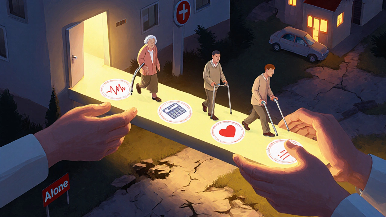 Symbolic bridge of hands connects hospital to home, representing support that prevents readmission.