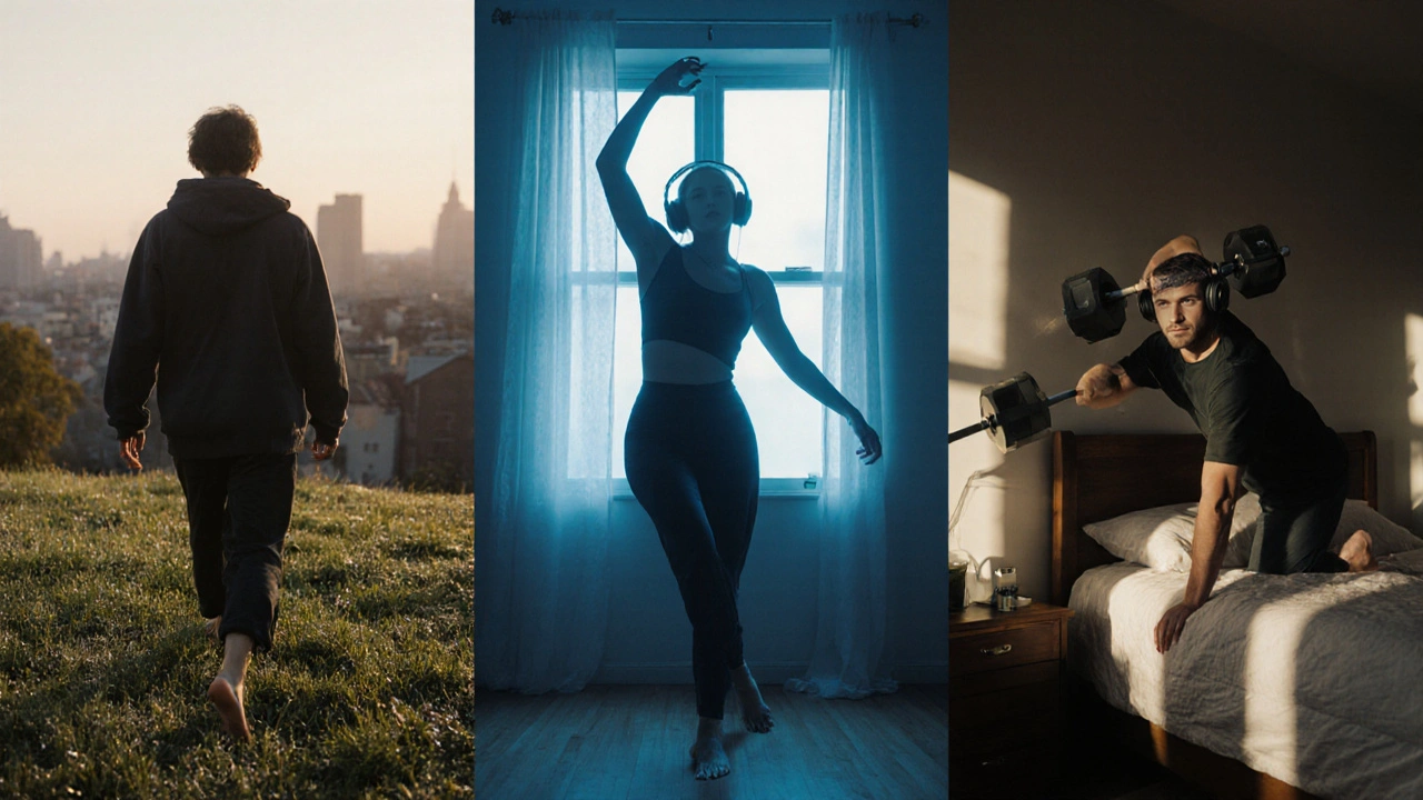 Three sex workers engaging in grounding activities: walking barefoot, dancing, and lifting weights.