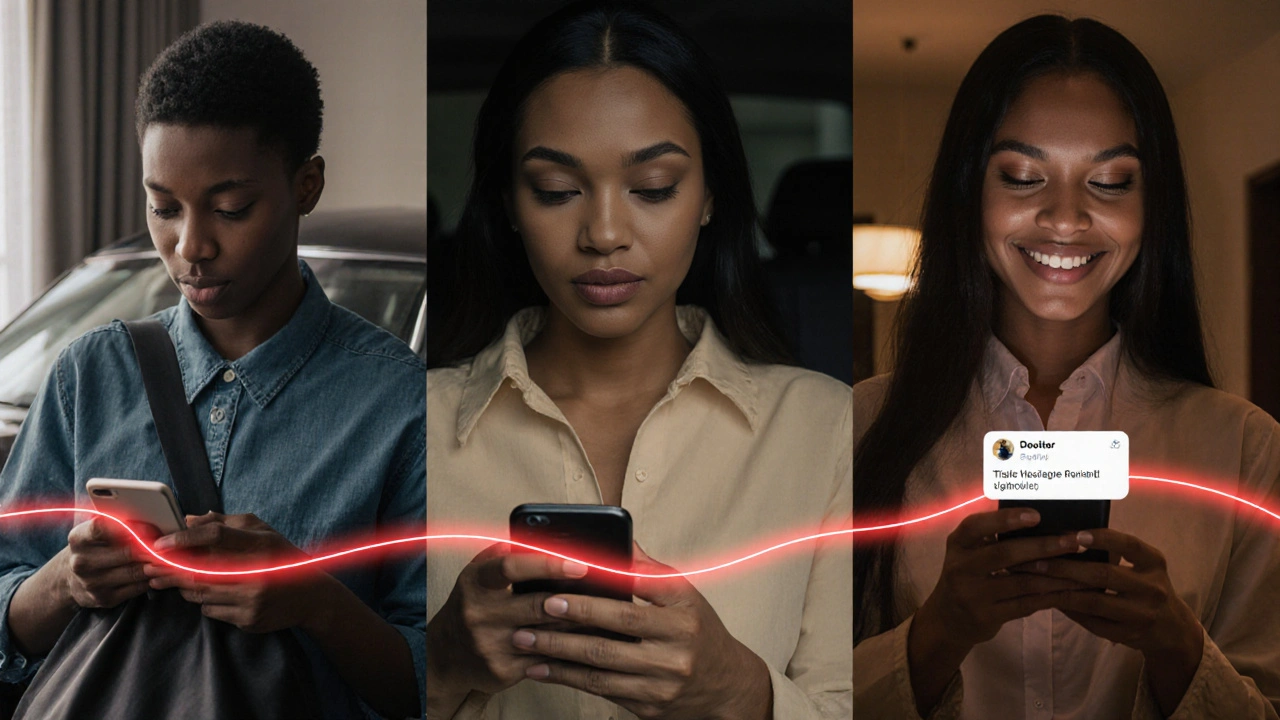 Three sex workers in different locations use phones to send safety check-in messages.