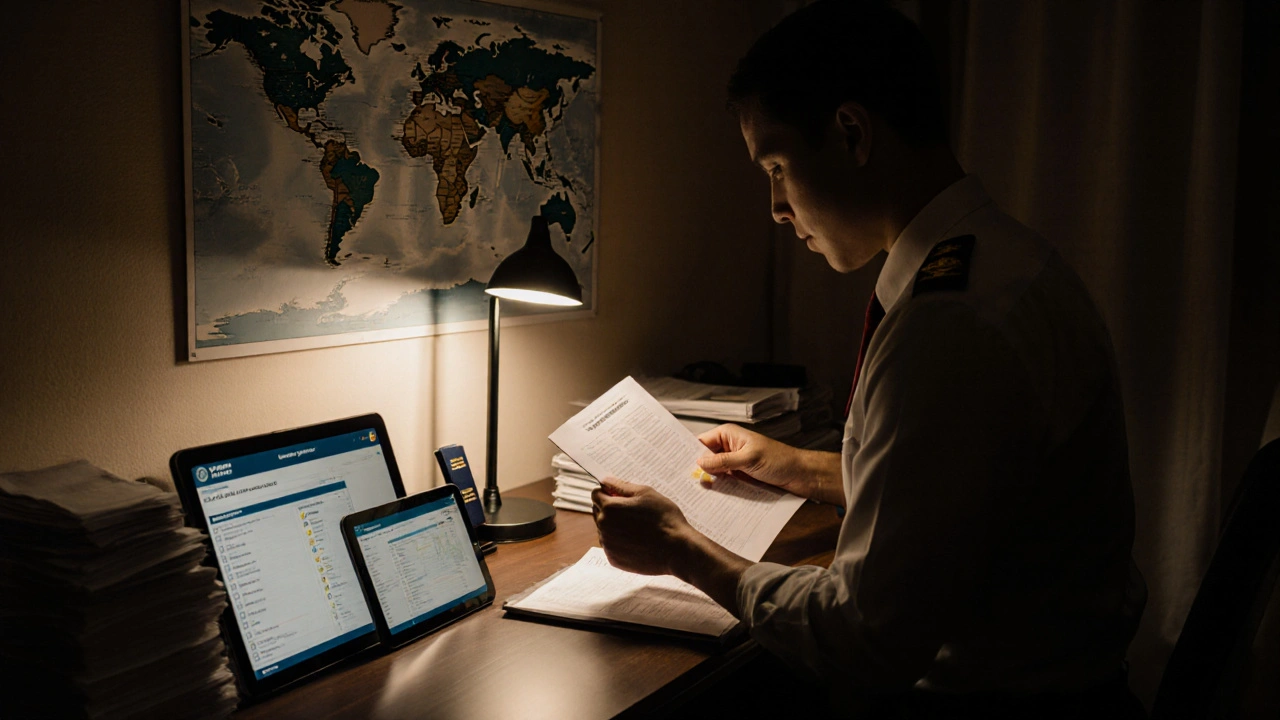 Tour escort reviewing passport documents at night in a hotel room with checklists and a world map.