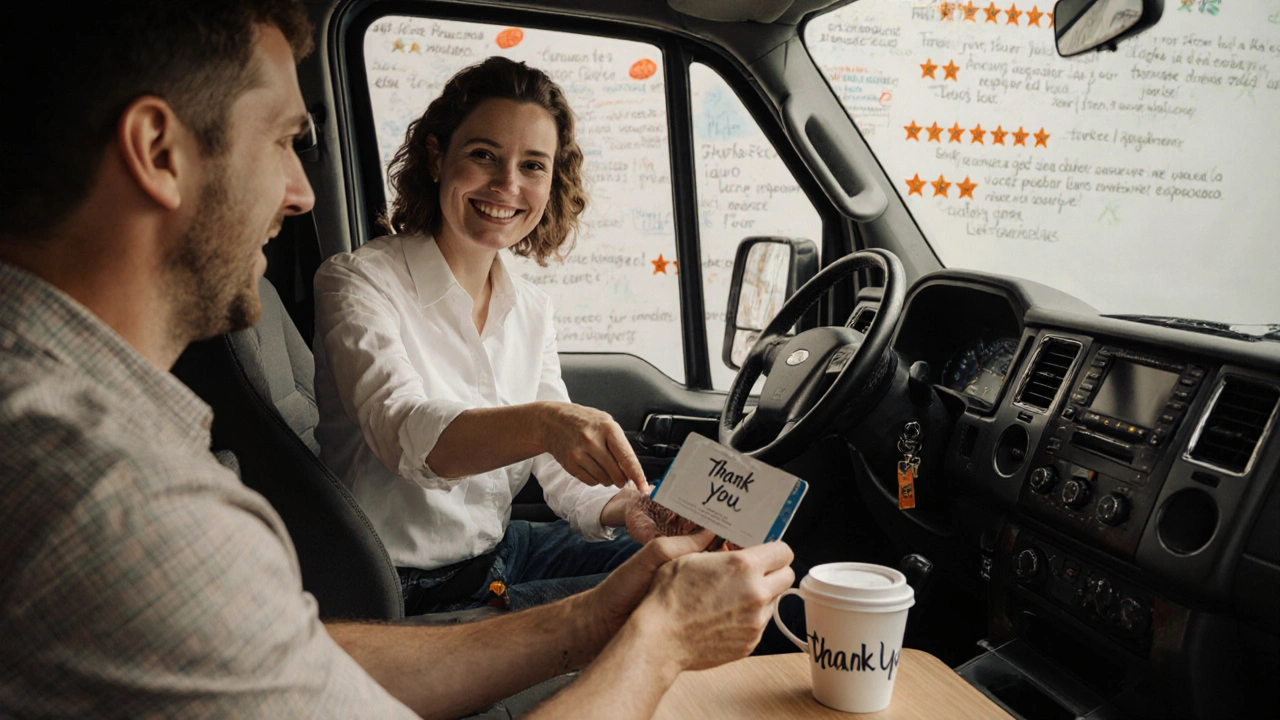 Tour operator giving gift card to driver, with guest reviews on the wall behind them.