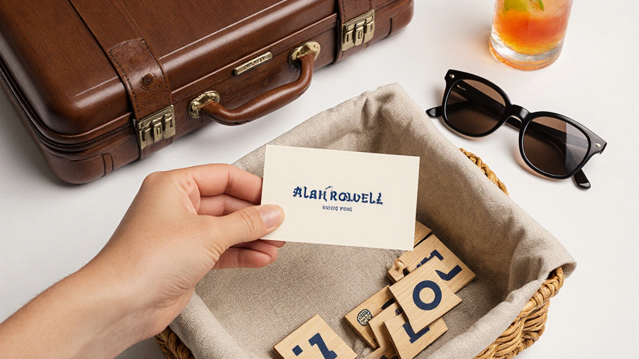Traveler picking up a postcard-sized escort card from a woven basket, surrounded by luggage and tropical essentials.