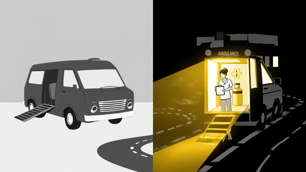 Two paths: basic van vs. glowing medical vehicle with nurse, symbolizing transport vs. care.