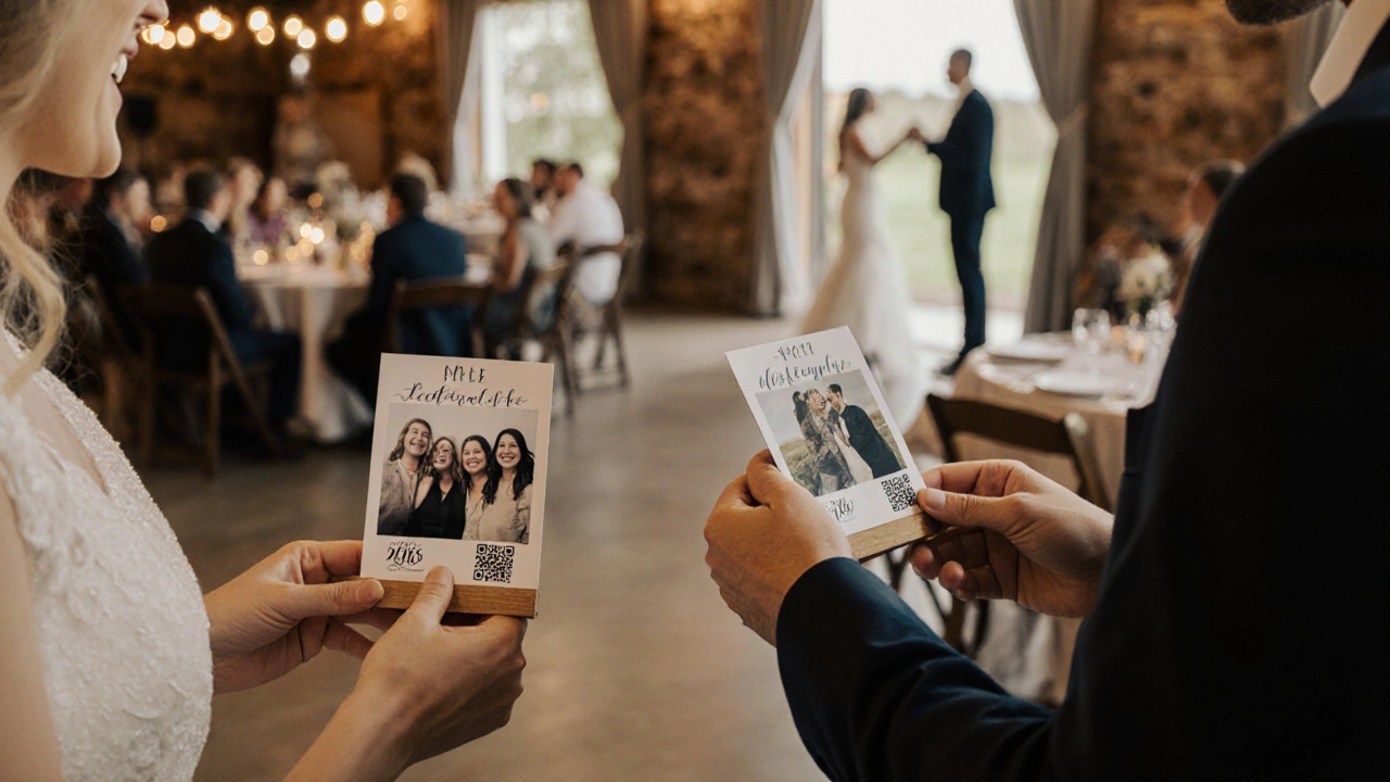 Wedding guests picking up personalized photo cards from wooden stands at a rustic reception.