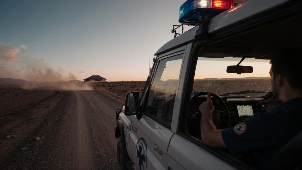 4x4 vehicle with satellite communication driving through Atacama Desert at dawn.