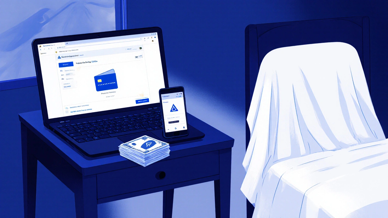 A burner phone, cash, and prepaid card on a hotel nightstand with a Monero wallet on screen.