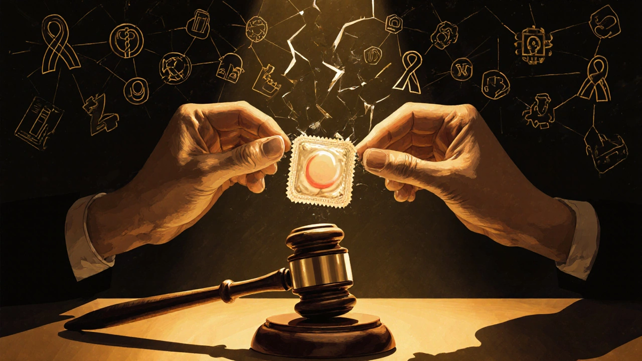 A condom placed on a gavel, breaking chains of disease icons with golden light shining on it.